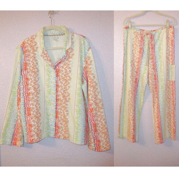 Vtg J Jill Rainbow Fleece Pajamas Size M Soft 2 Piece Top & Pants Cottage Y2K - Picture 1 of 13